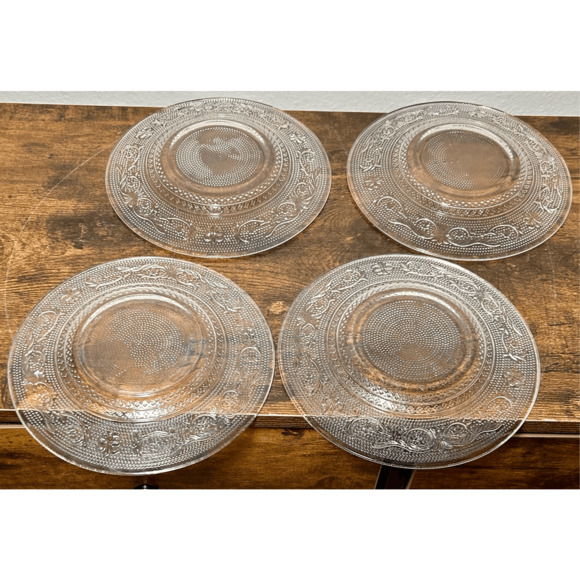 KIG Malaysia Pressed Glass Clear 10" Dinner Plate Fleur de Lis-TRELLIS -Set of 4 - Picture 8 of 12